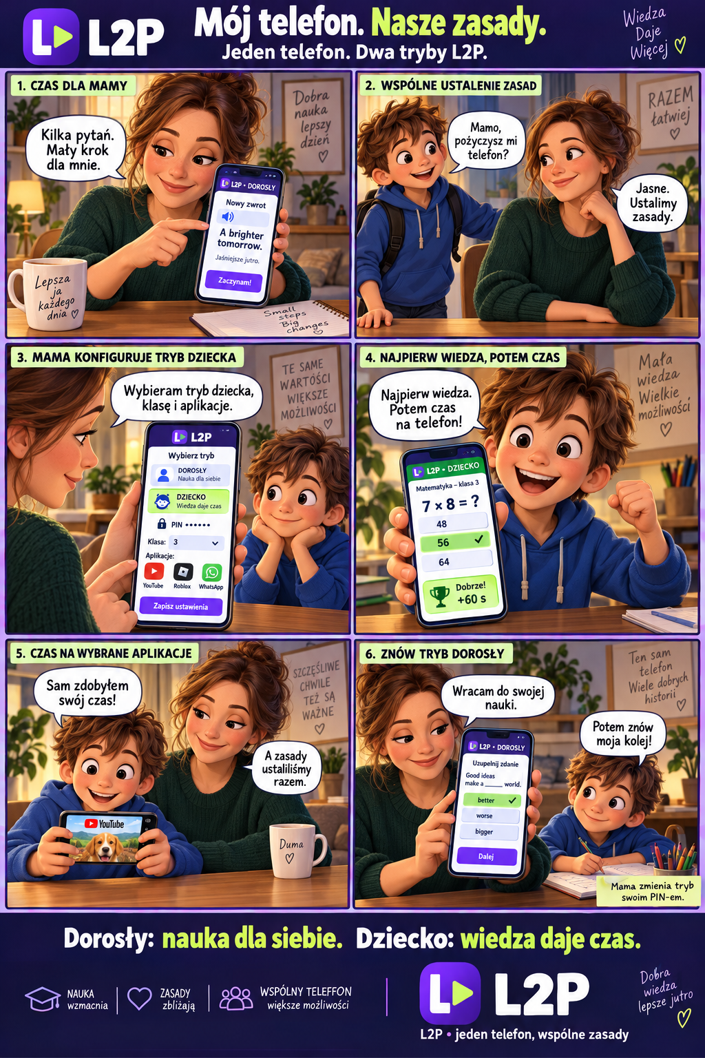 Komiks Mój telefon. Nasze zasady: Rodzic uczy się dla siebie, potem przez PIN przełącza telefon w tryb dziecka. Jeden telefon, wspólne zasady.