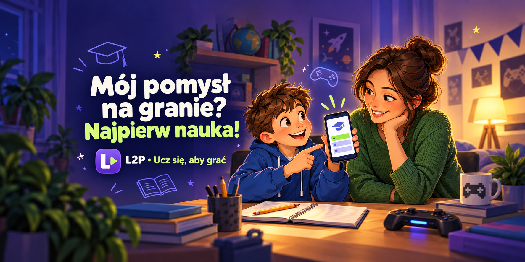 Mój pomysł na granie? Najpierw nauka! Dziecko pokazuje rodzicowi quiz L2P.